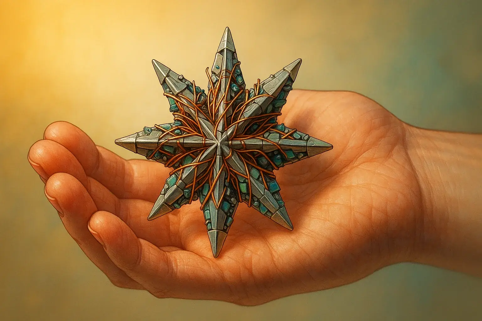 Hand holds an intricate, shining e-waste art piece, a star or shield, embodying strength & sparking confidence.