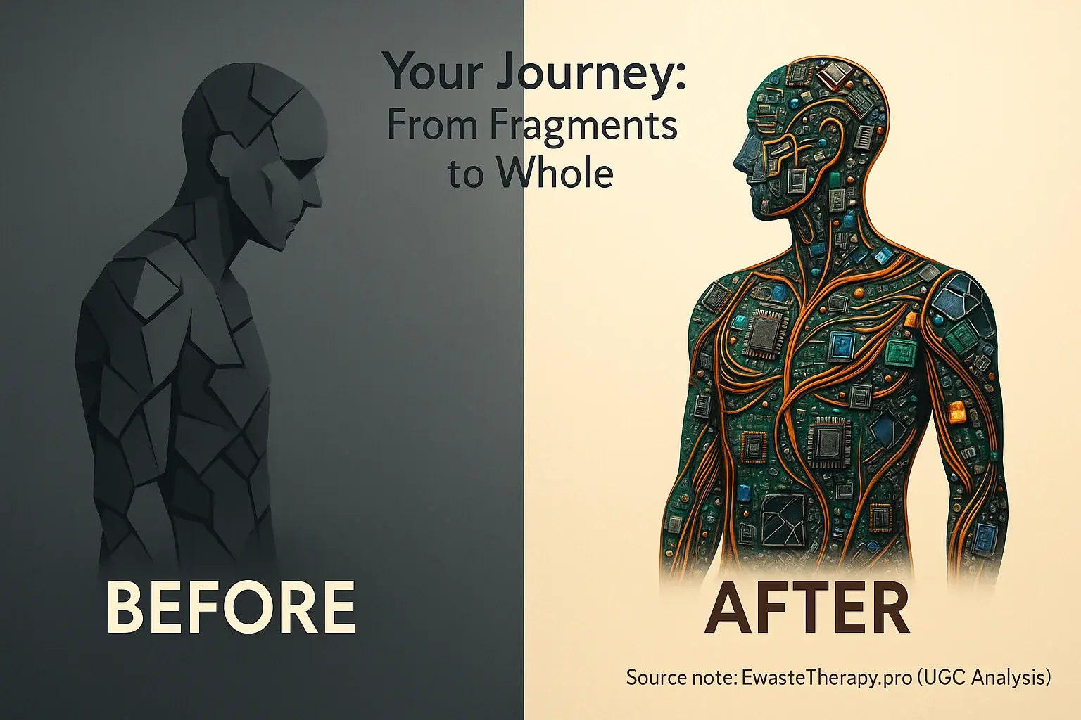 Infographic: Before - fragmented gray figure. After - vibrant, whole e-waste art figure. Journey to healing & confidence.