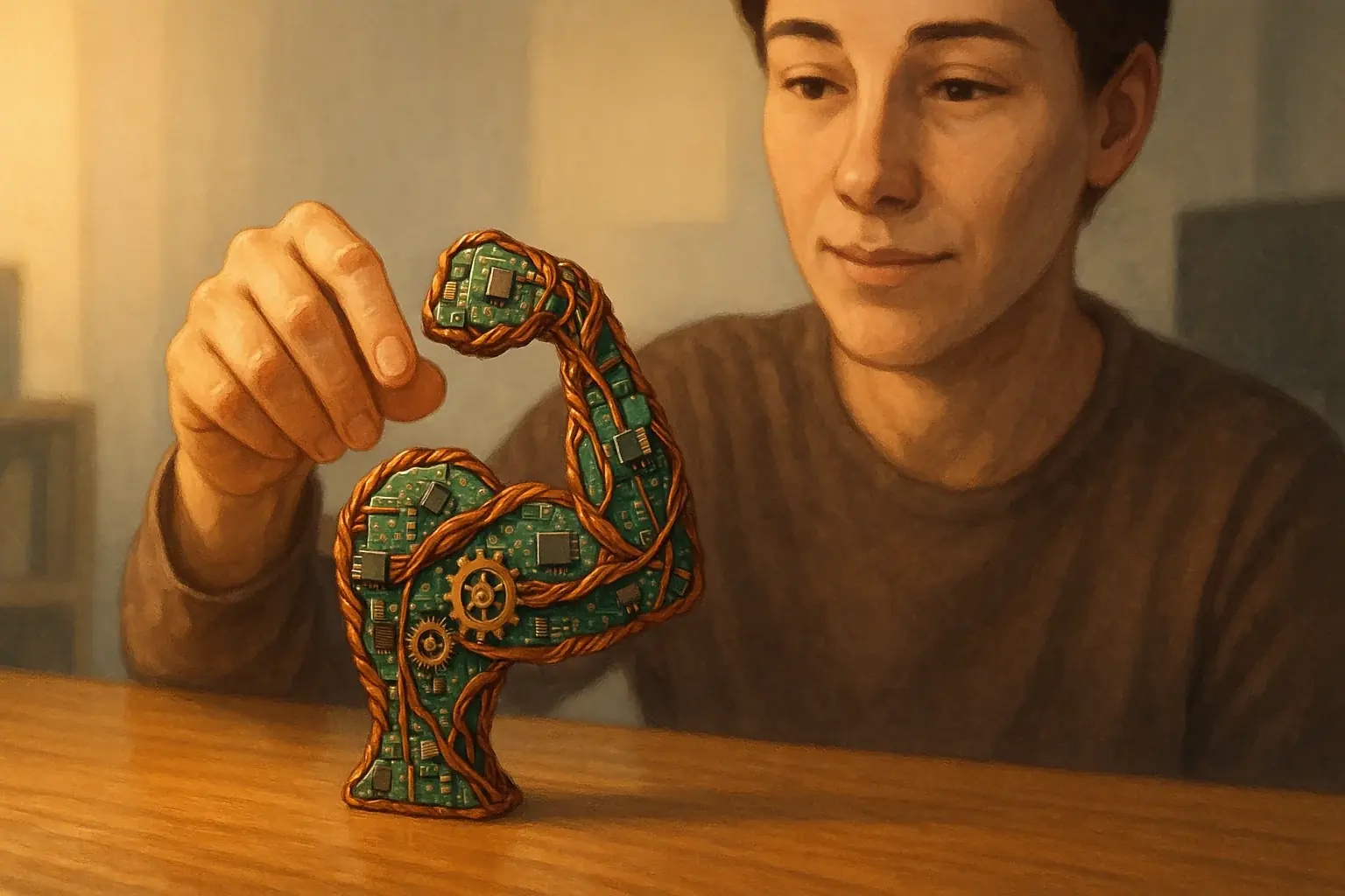 Reflective person touches intricate, illuminated e-waste art talisman on desk, fostering lasting self-worth.