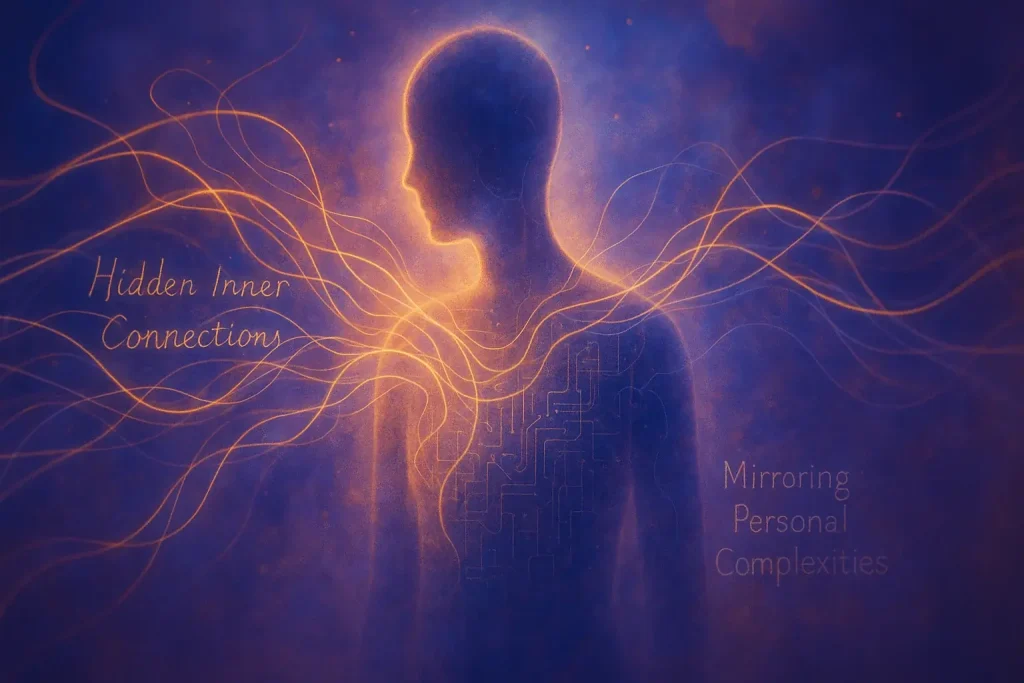 Ethereal silhouette merges with glowing circuits, forging personal e-waste myths, unearthing inner narrative.