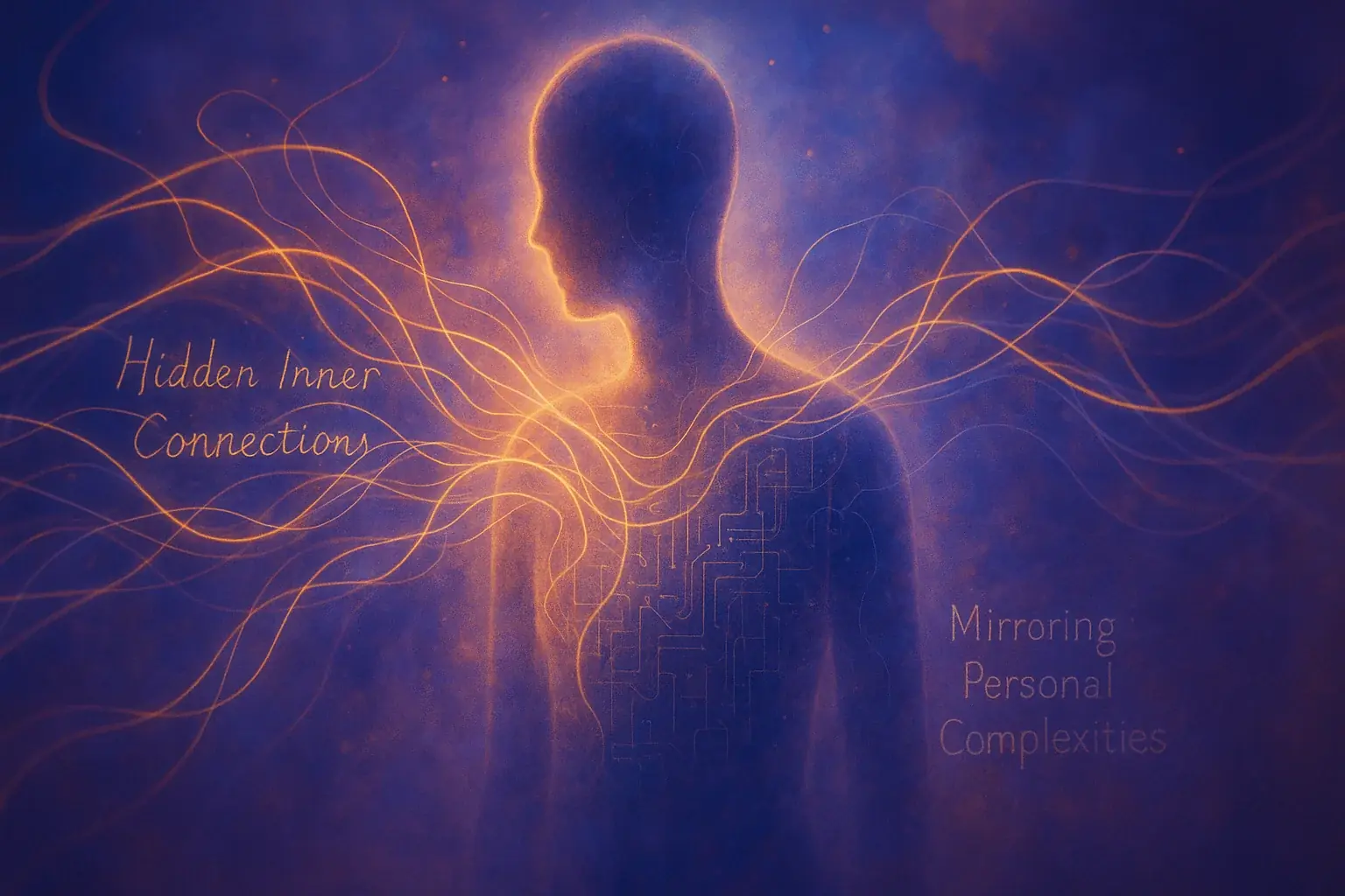 Ethereal silhouette merges with glowing circuits, forging personal e-waste myths, unearthing inner narrative.