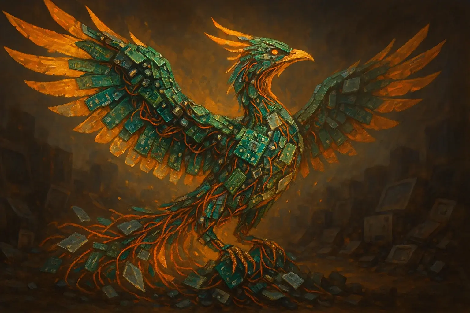 Broken circuit board reborn as a radiant symbol, challenging e-waste myths and limitations.