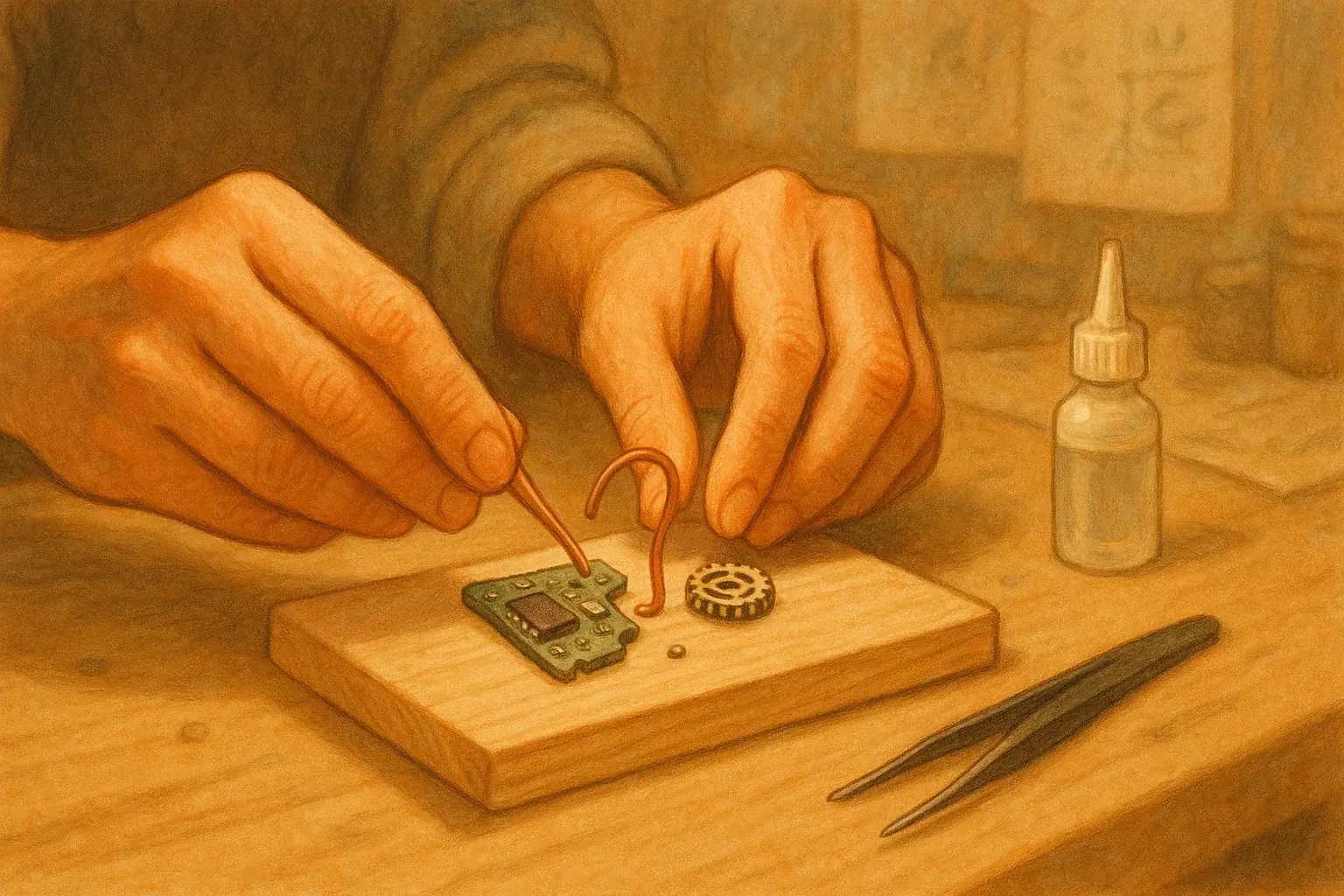 Hands mindfully assemble e-waste components on a clean bench, a step in creating an e-waste myth.