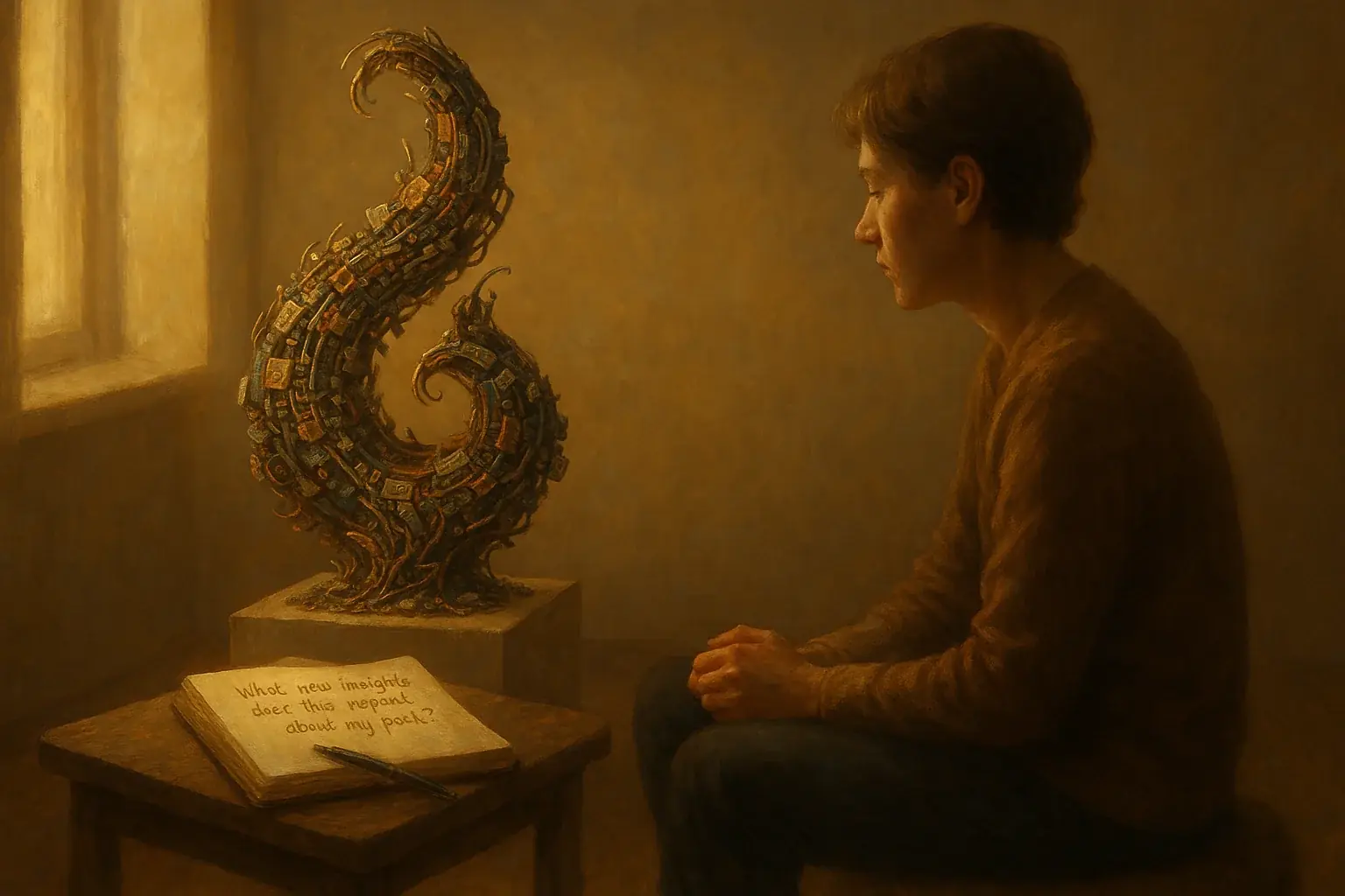 Person peacefully contemplates e-waste art in warm, soft light, symbolizing a healing journey.