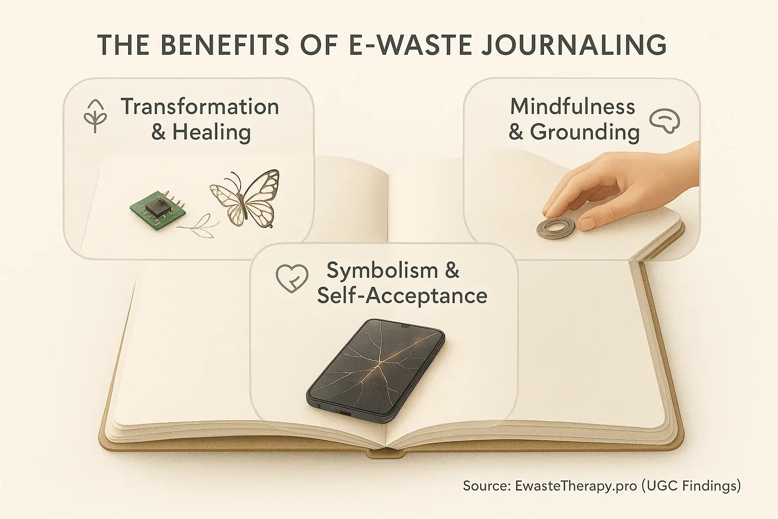Infographic: Therapeutic benefits of e-waste journaling—transformation, processing fragments, repurposing self—with icons.