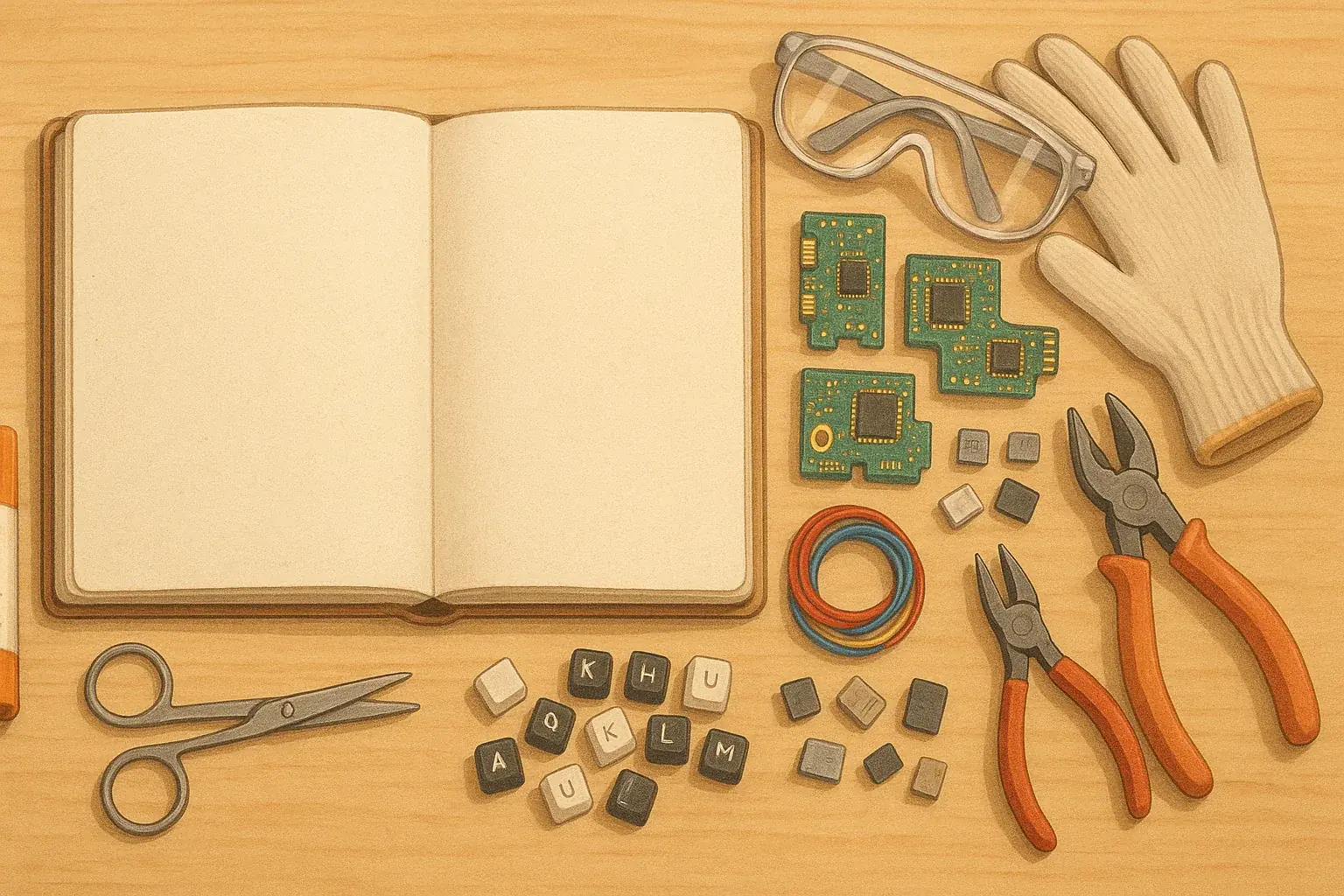 Artfully arranged cleaned e-waste, blank journal, glue, scissors: your toolkit prepped for safe, creative e-waste salvage.