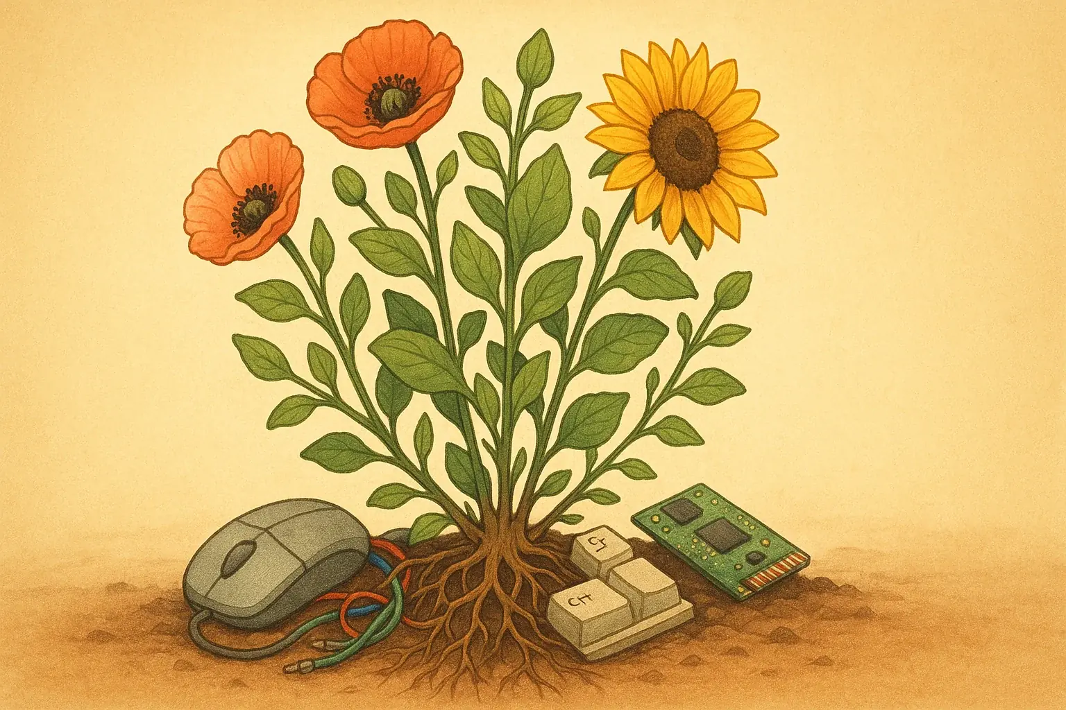 Stylized plant blooms from e-waste: growth, healing, renewal via e-waste art journaling.