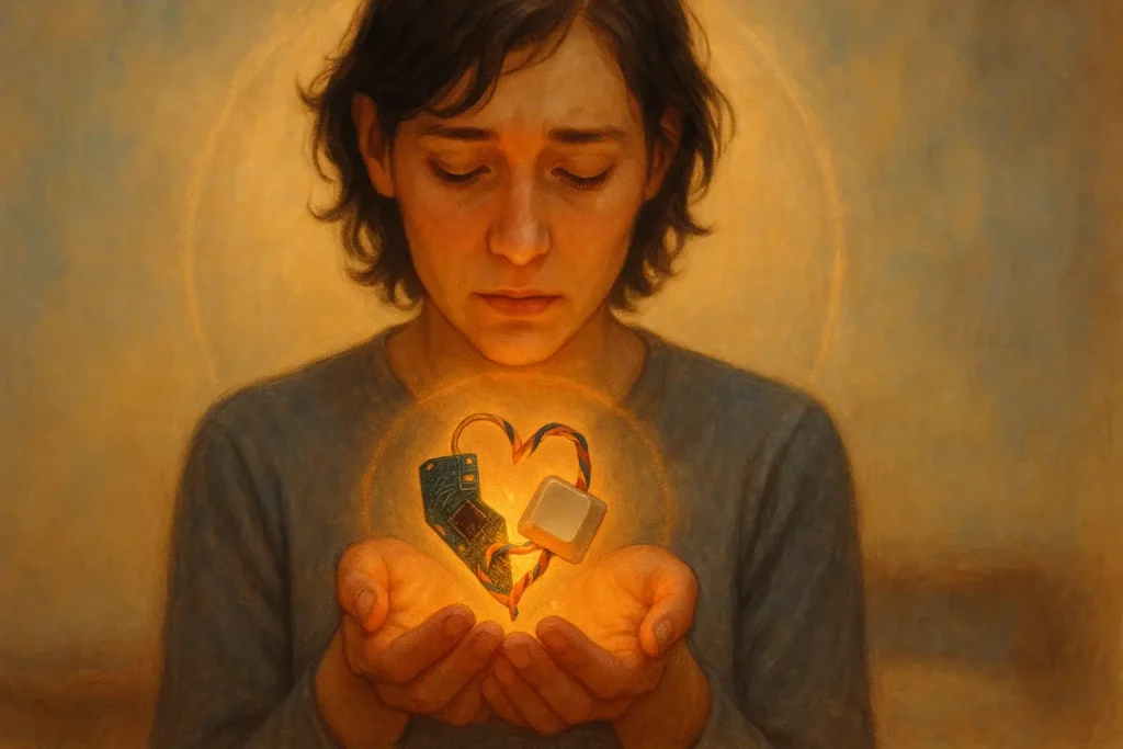 Person tenderly holds e-waste art, pensive, in a protective space for vulnerable sharing and expression.