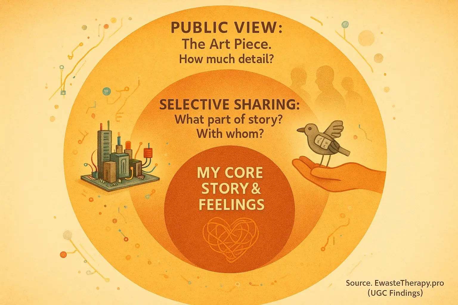 Infographic: Circles/shield visually guides defining personal boundaries: what, whom, how much; subtle e-waste art.