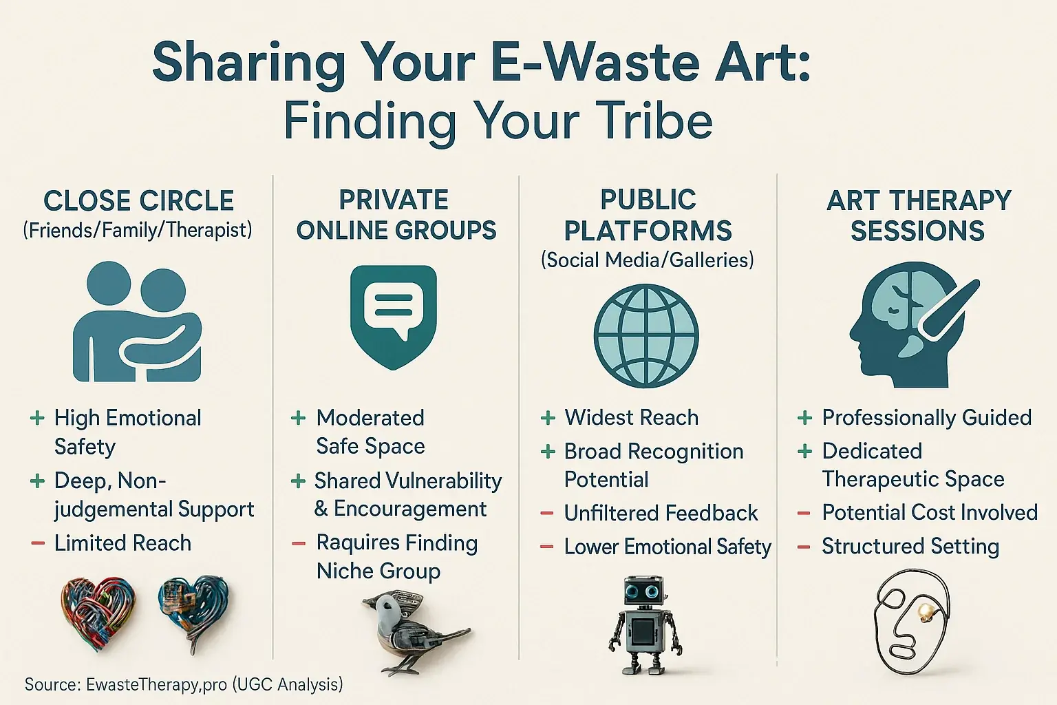 Infographic: E-waste art sharing environments vary in emotional safety & support. Chart compares options with e-waste art