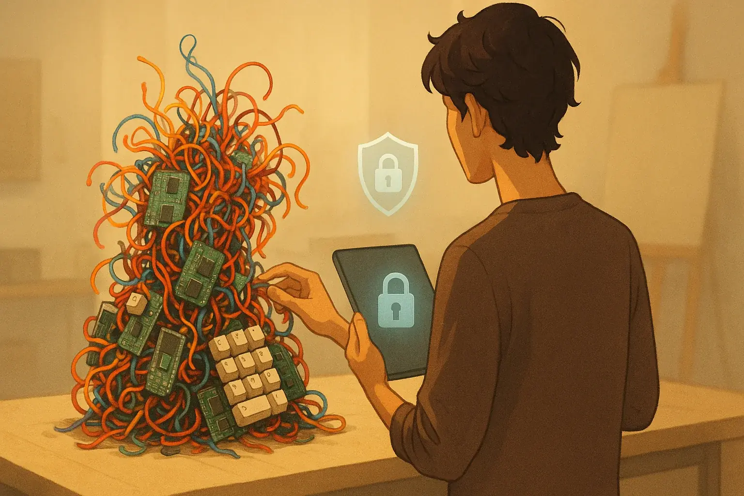 Avatar with obscured face interacts with e-waste art, symbolizing anonymous sharing and digital privacy.