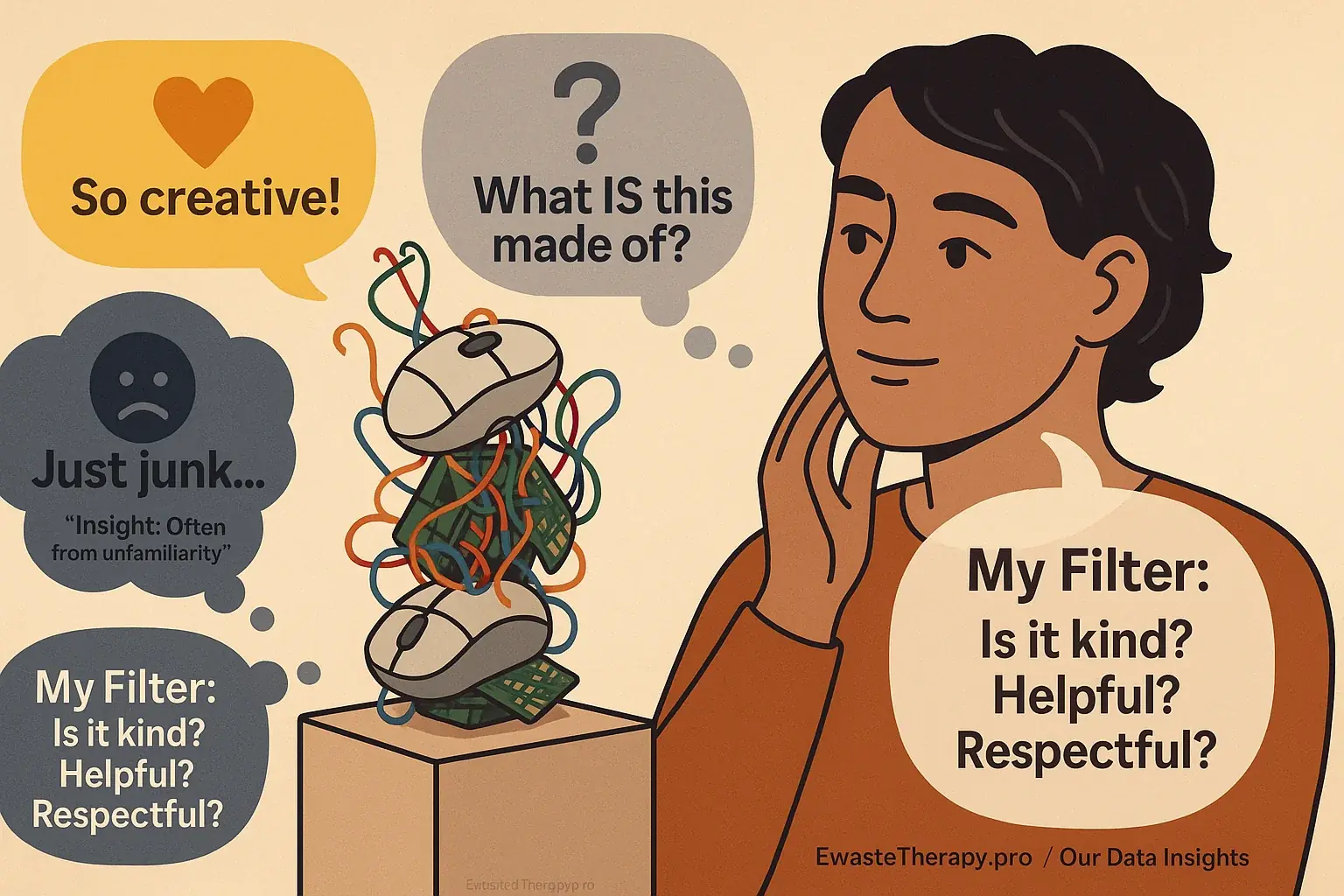 E-waste artist resiliently processes mixed feedback on their art, shown in thought bubbles.