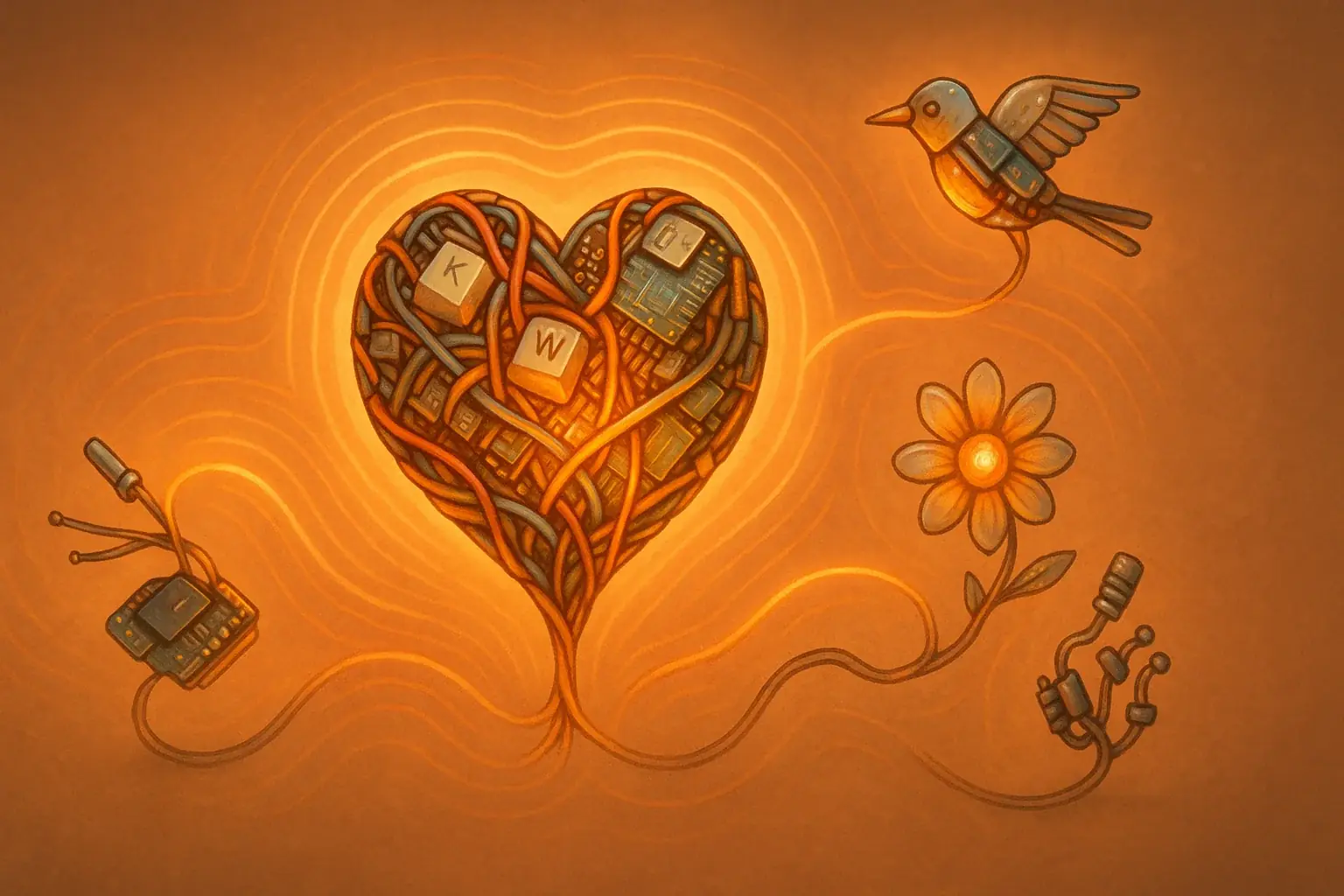 Warm-colored e-waste art pieces interlink, creating a supportive ripple effect that amplifies the sharing journey.