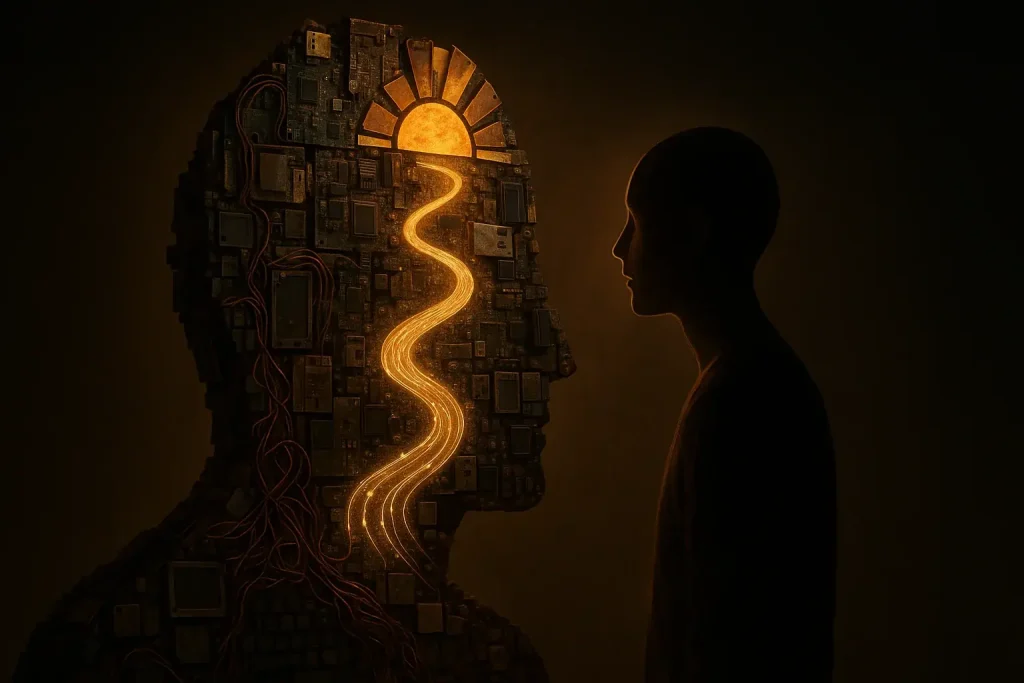 Silhouette views glowing e-waste art; its path & rising sun motifs tell a story of personal transformation.