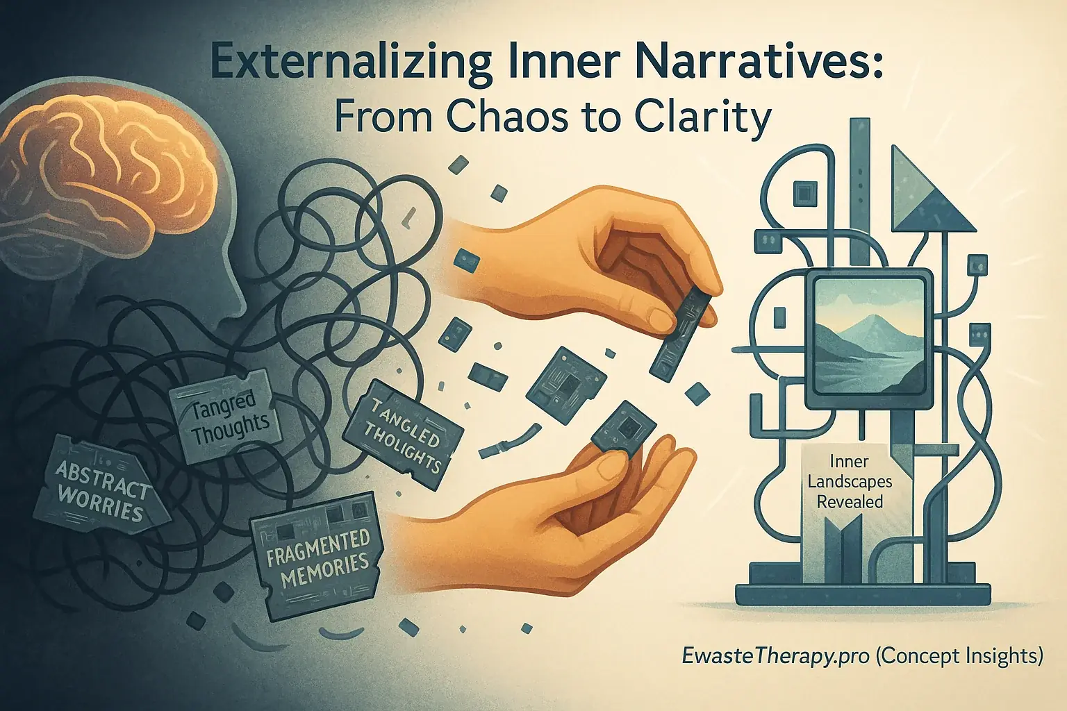 Infographic: Brain's tangled wires; hands shape e-waste into art, externalizing narratives from chaos to clarity.