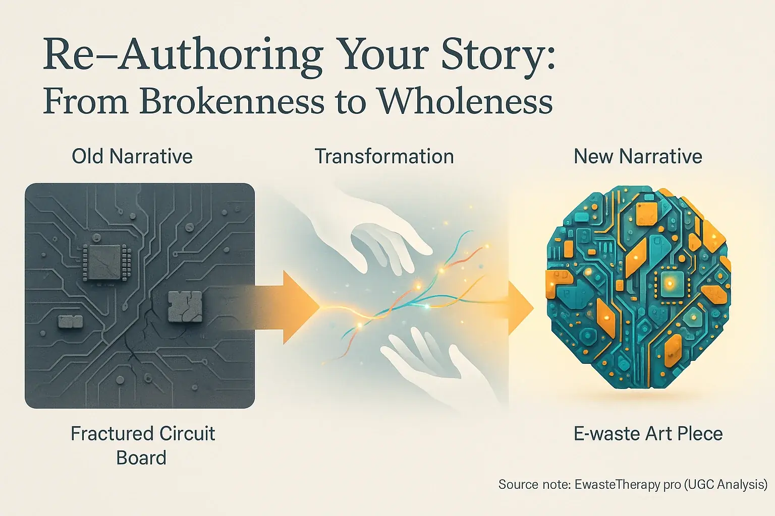 Infographic: Broken circuit board becomes art, showing re-authoring from brokenness (Old Narrative) to wholeness (New