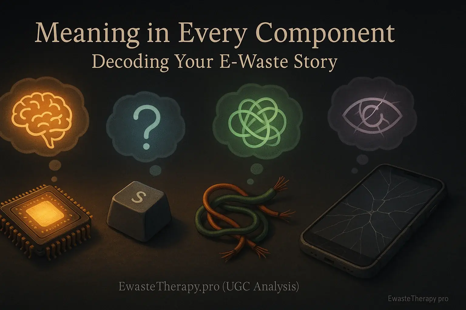 Glowing e-waste (chip, wire, key, screen) with thought bubbles showing diverse abstract symbols of their unearthed meanings.