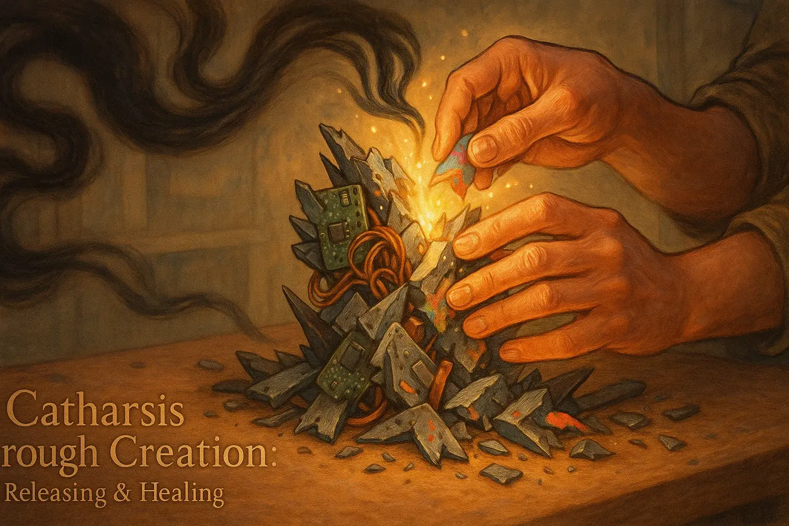 Hands craft e-waste components; glowing energy flows from hands to art, then radiates, symbolizing cathartic healing.
