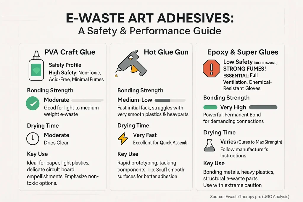 Infographic: E-waste art adhesives rated by safety, bond strength, and drying time, highlighting non-toxic choices.