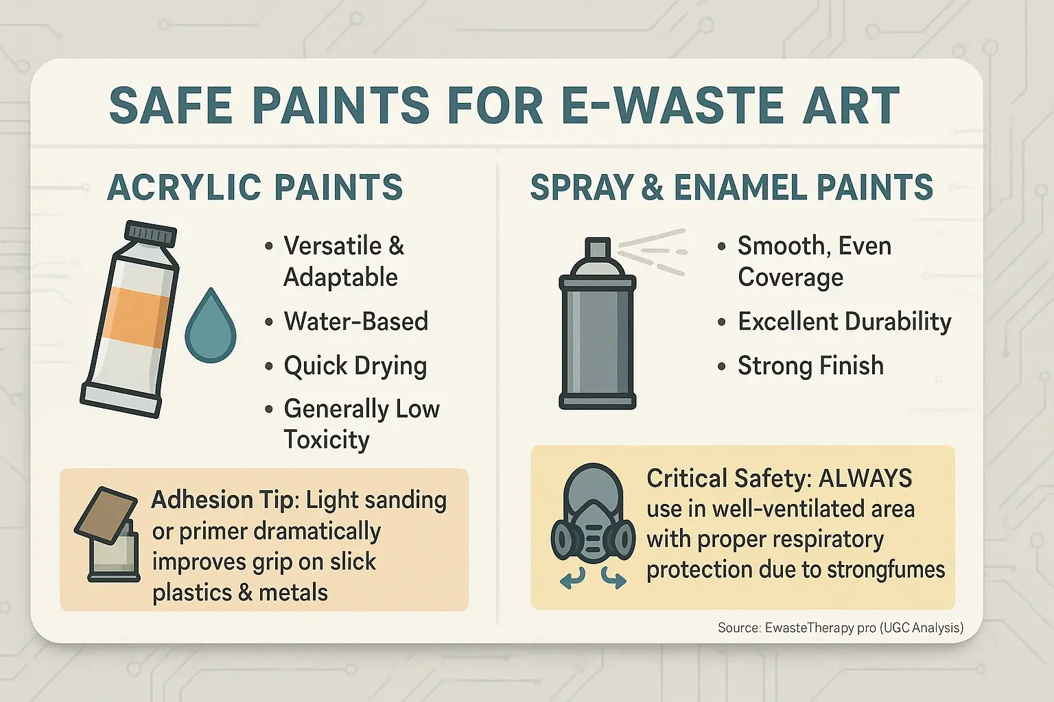 Infographic: Safe e-waste paint palette highlights acrylic's versatility, spray paint's coverage, properties & safety icons.