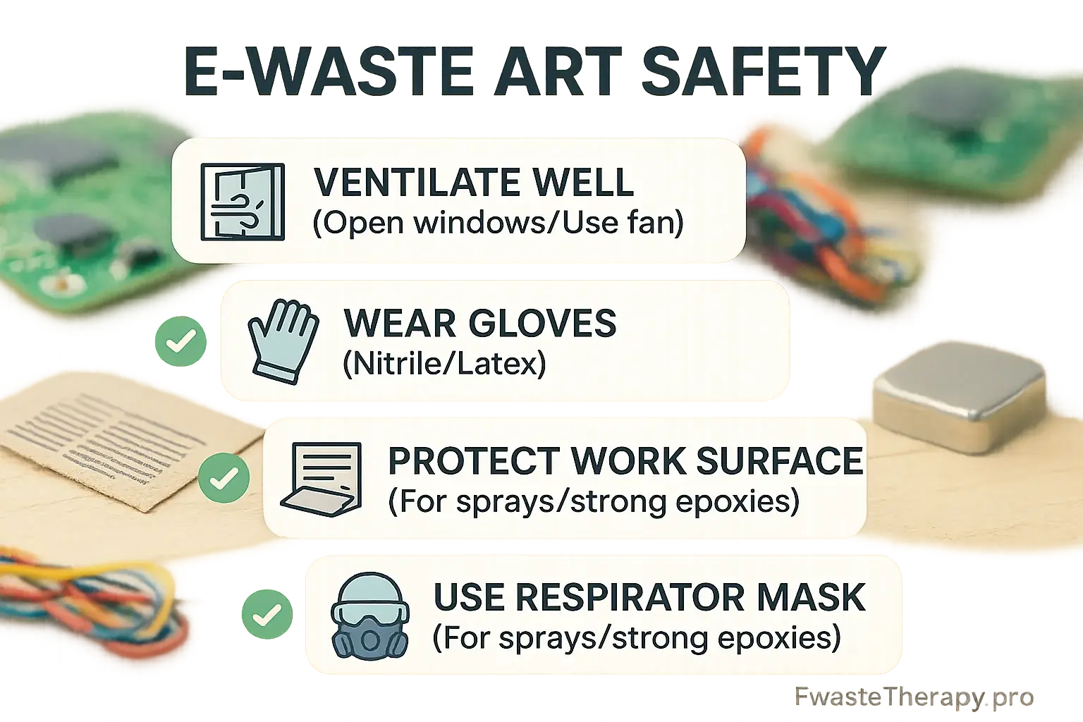Visual checklist: Essential safety steps for e-waste art using adhesives & paints—Ventilate, wear gloves, protect surface.