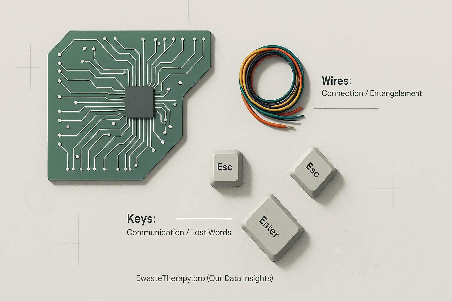 E-waste components labeled with their unspoken language: circuit board (pathways), wires (connections), keys
