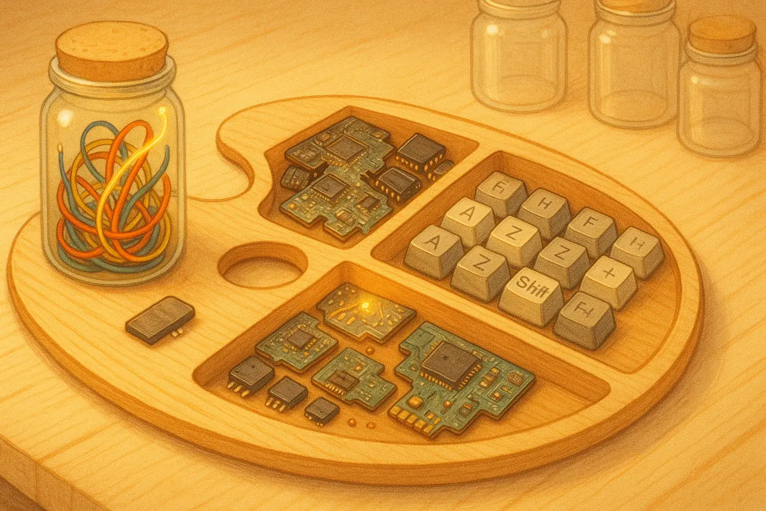 Curated e-waste (wires, chips, keys) in glowing jars, a therapeutic palette for your symbolic e-waste toolkit.