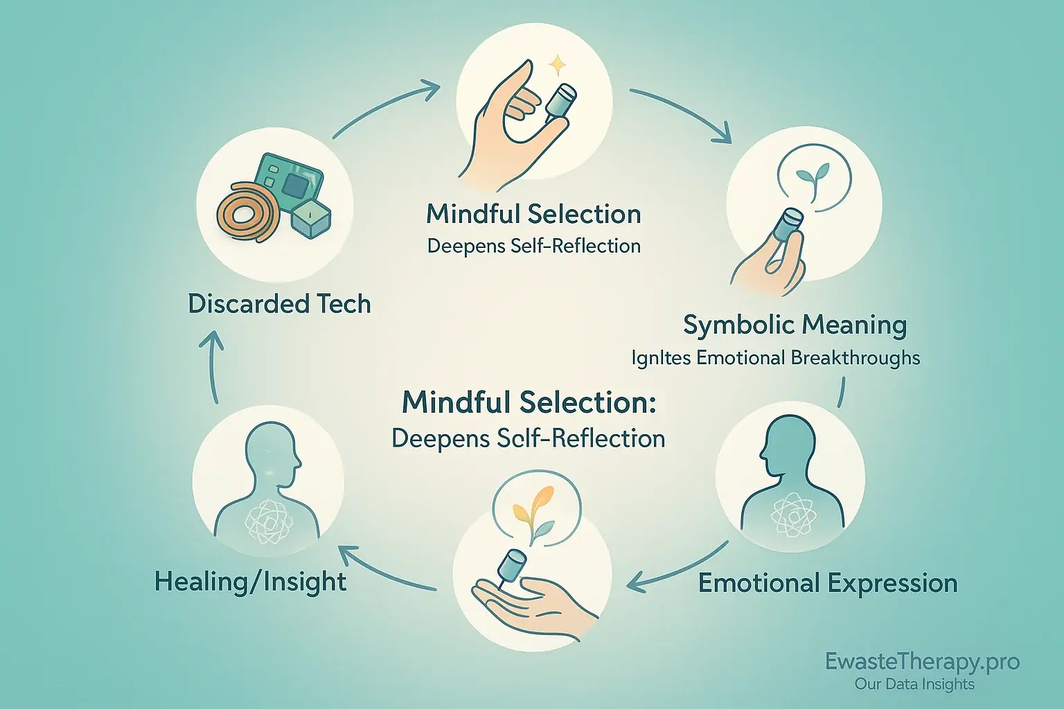 Circular infographic: Intentional tech selection cycle—discarded to mindful, symbolic, emotional, healing, new perspective.