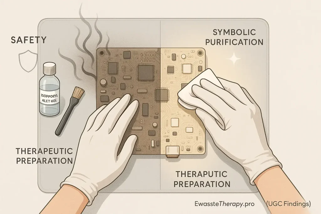Infographic: Mindful e-waste cleaning offers safety, symbolic purification, & therapeutic preparation as a therapeutic