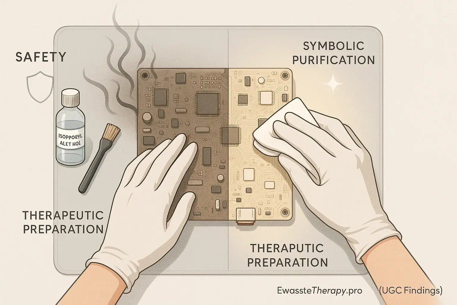 Infographic: Mindful e-waste cleaning offers safety, symbolic purification, & therapeutic preparation as a therapeutic