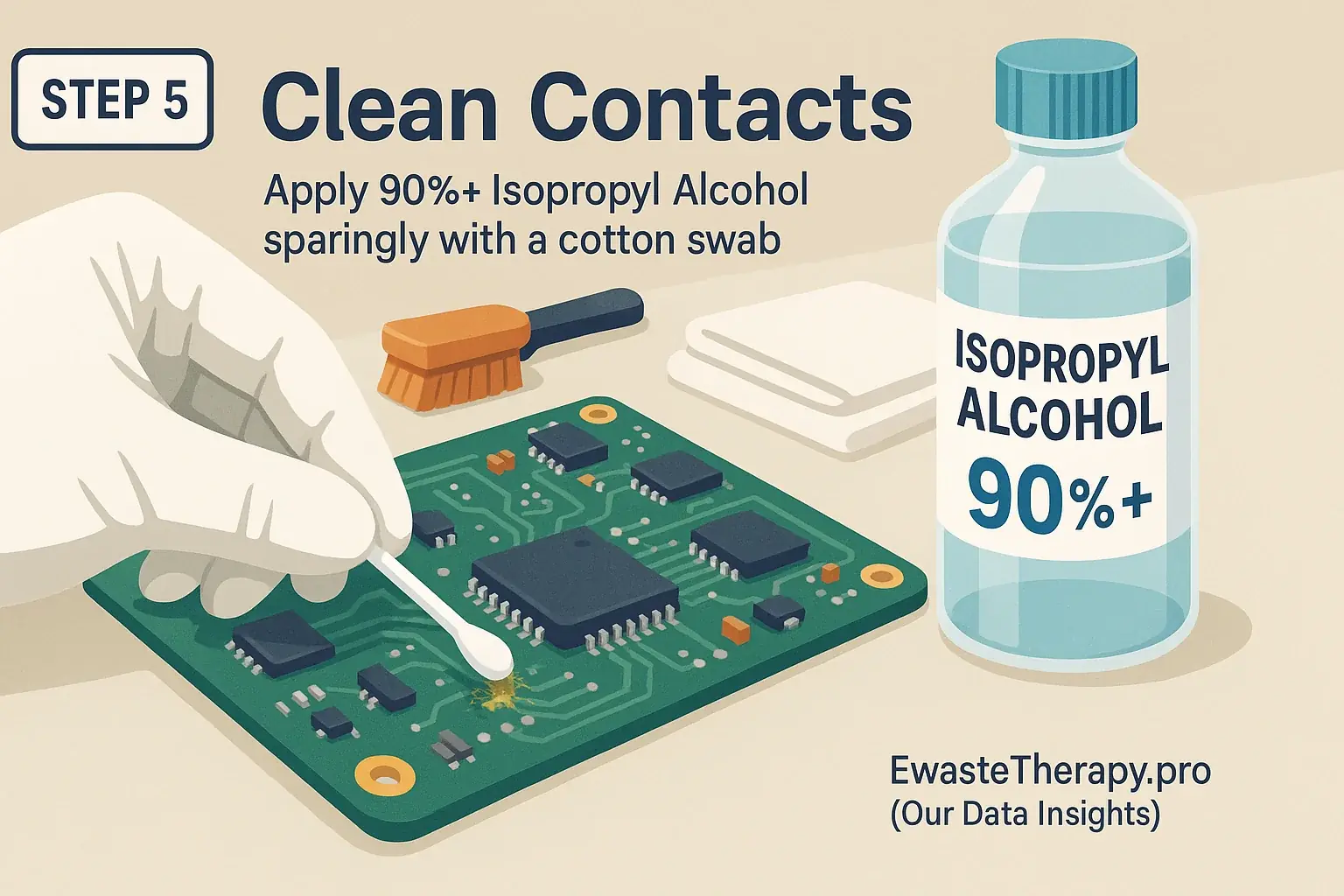 Infographic: How to safely clean circuit boards with household items. Step-by-step visual for e-waste component care.