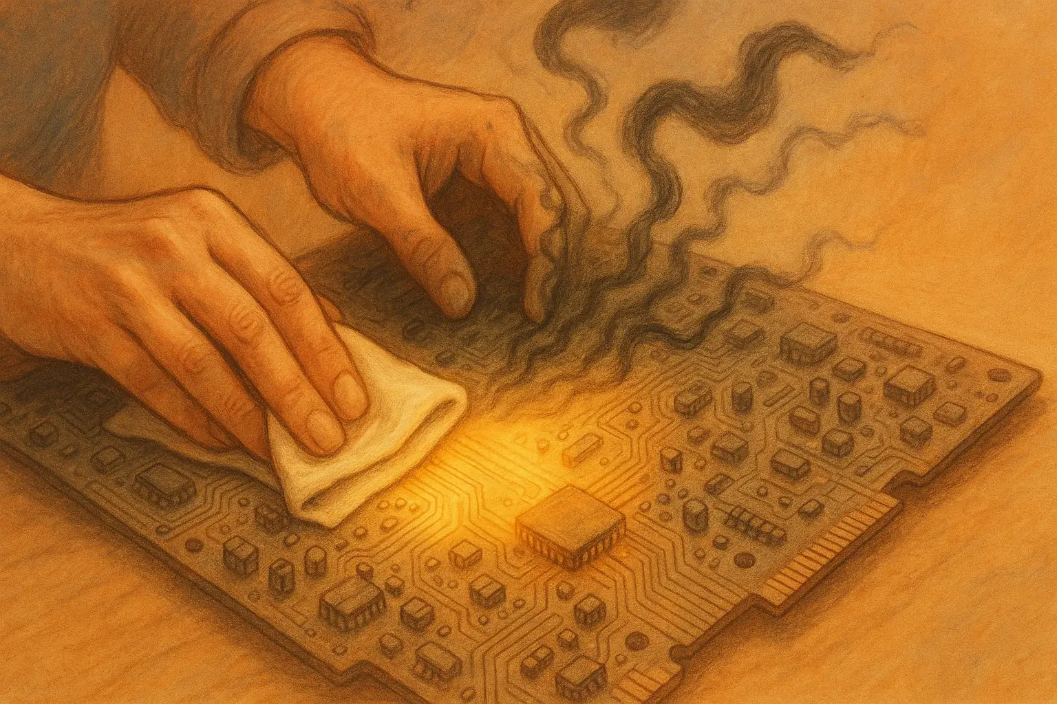 Hands symbolically cleanse circuit board with glowing lines of purifying energy.