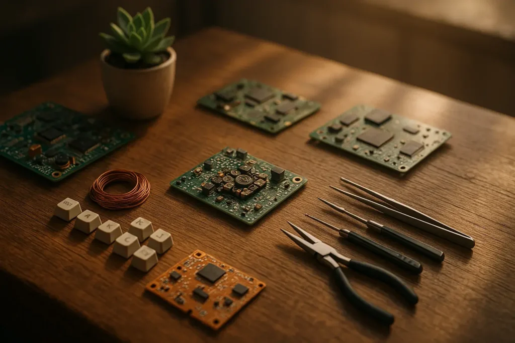Inviting e-waste art table: circuit boards, wires, keys, tools, warm light—a calm, creative sanctuary.