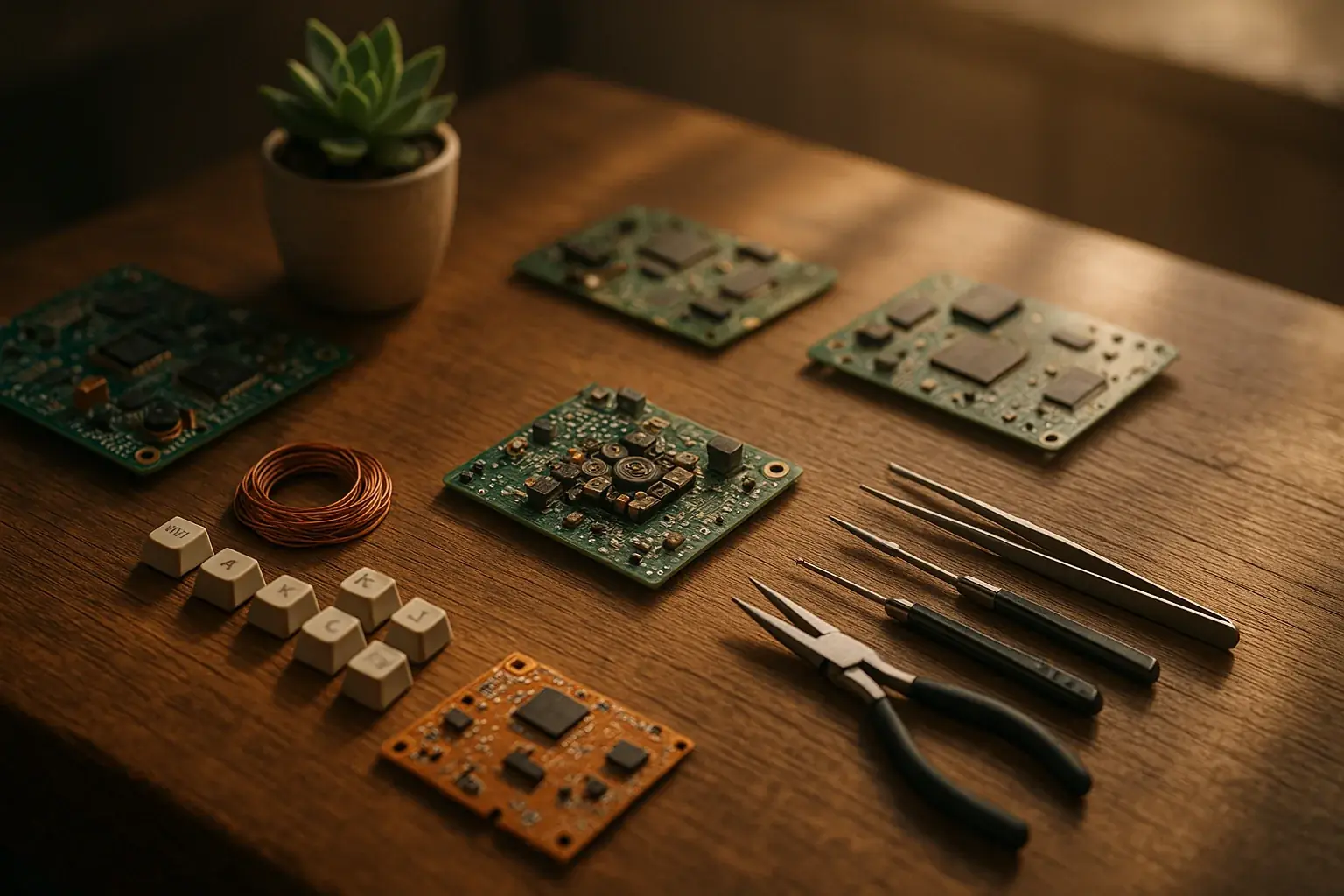 Inviting e-waste art table: circuit boards, wires, keys, tools, warm light—a calm, creative sanctuary.