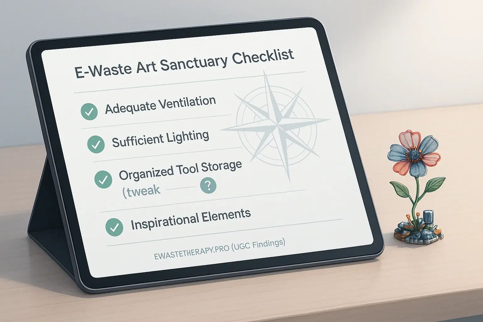Stylized checklist with checkmarks and subtle e-waste art, for assessing e-waste art sanctuary safety & flow.