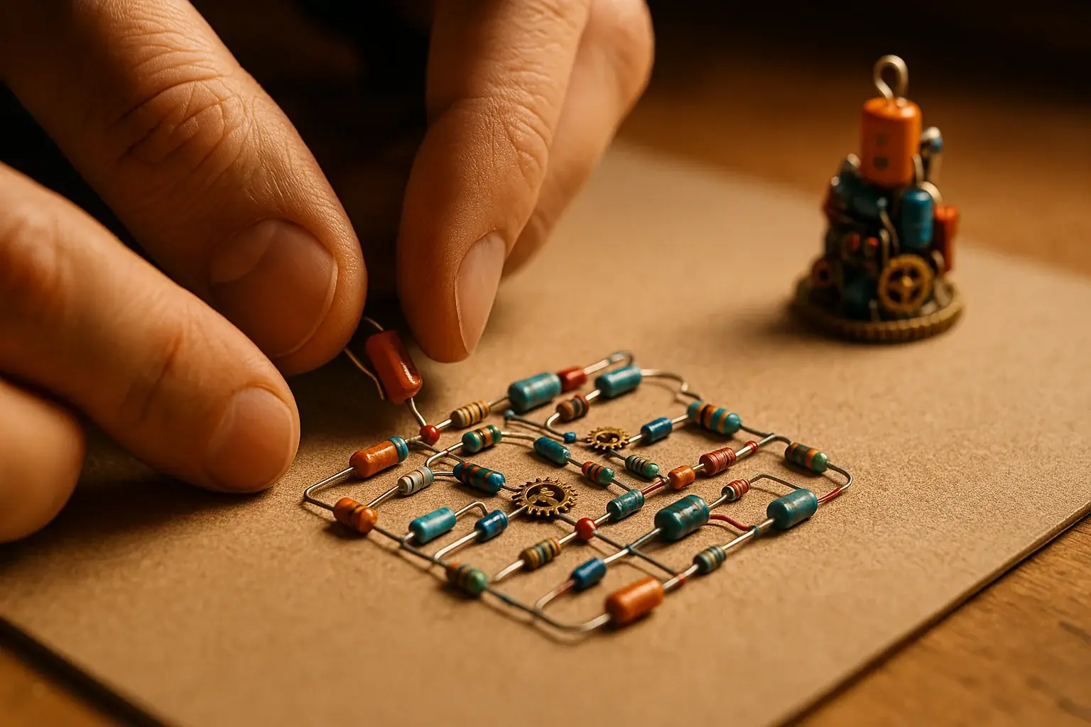 Thoughtful hands arrange colorful e-waste components on textured surface, fostering calm, creative sanctuary flow.