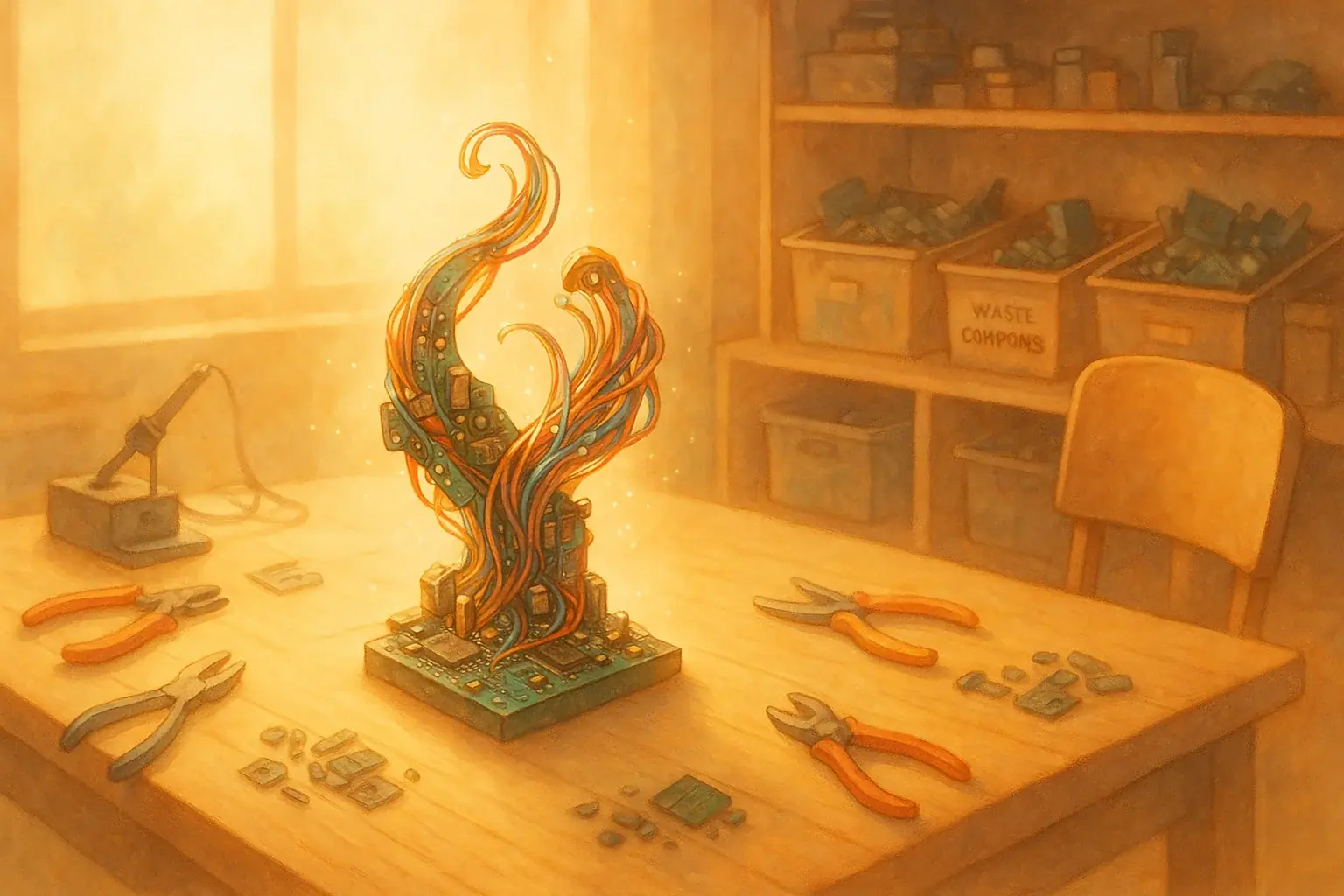 Beautiful, prominent e-waste art in a serene, sunlit therapy space, radiating healing and creative accomplishment.