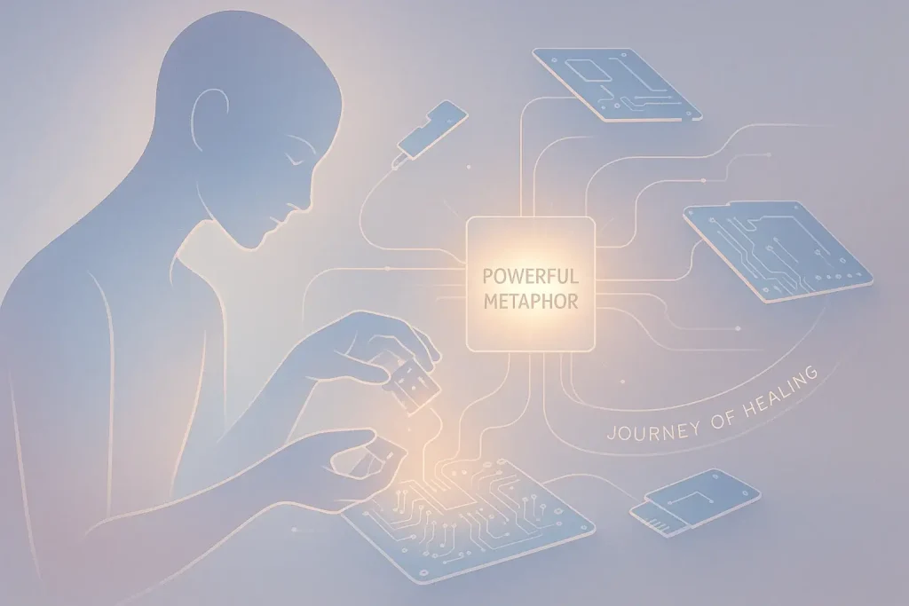 Ethereal silhouette gently disassembles glowing e-device, radiating light shows its inner transformation.