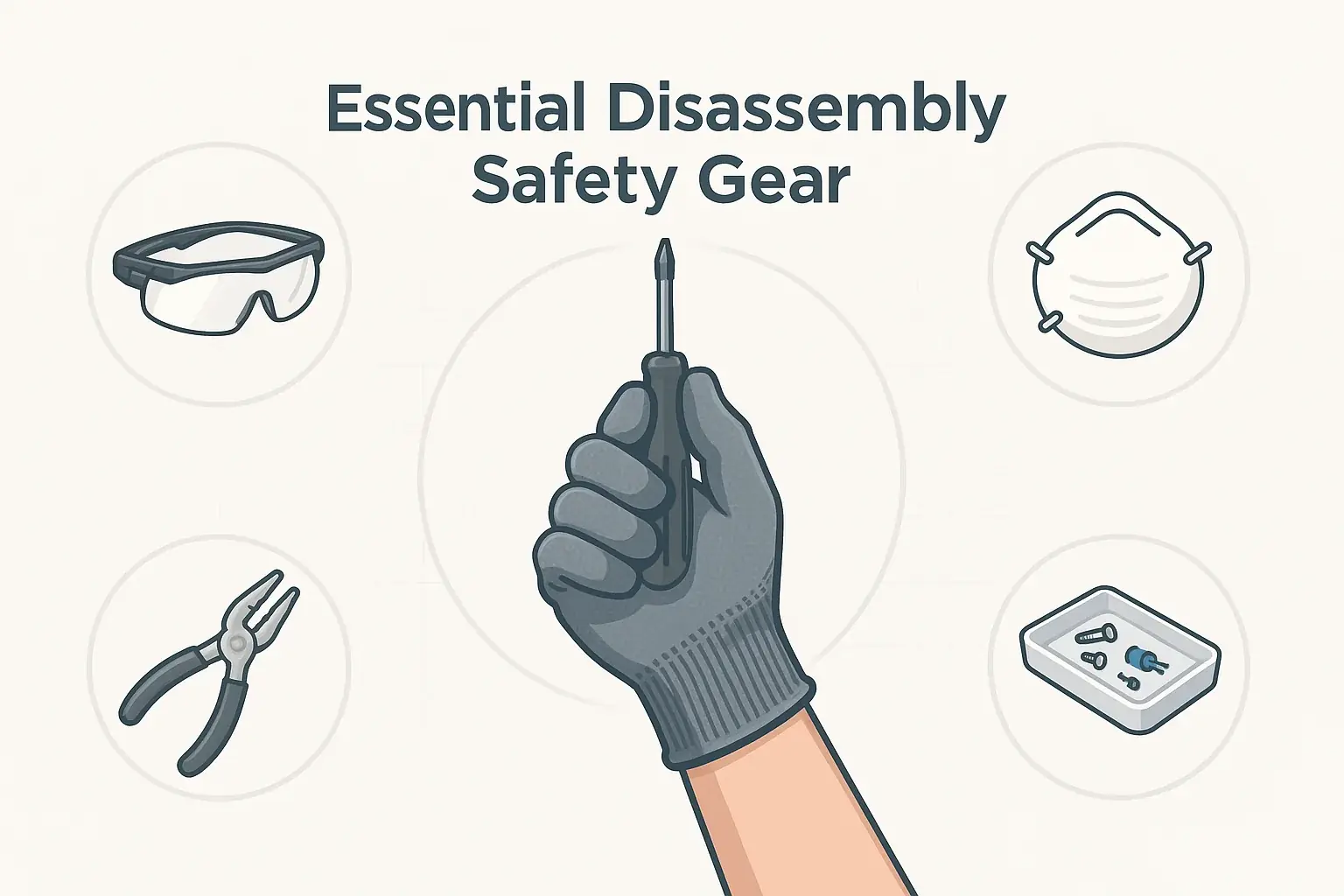 Infographic: 'Essential Disassembly Safety Gear' for e-waste. Gloved hand, screwdriver & icons: glasses, mask, pliers,
