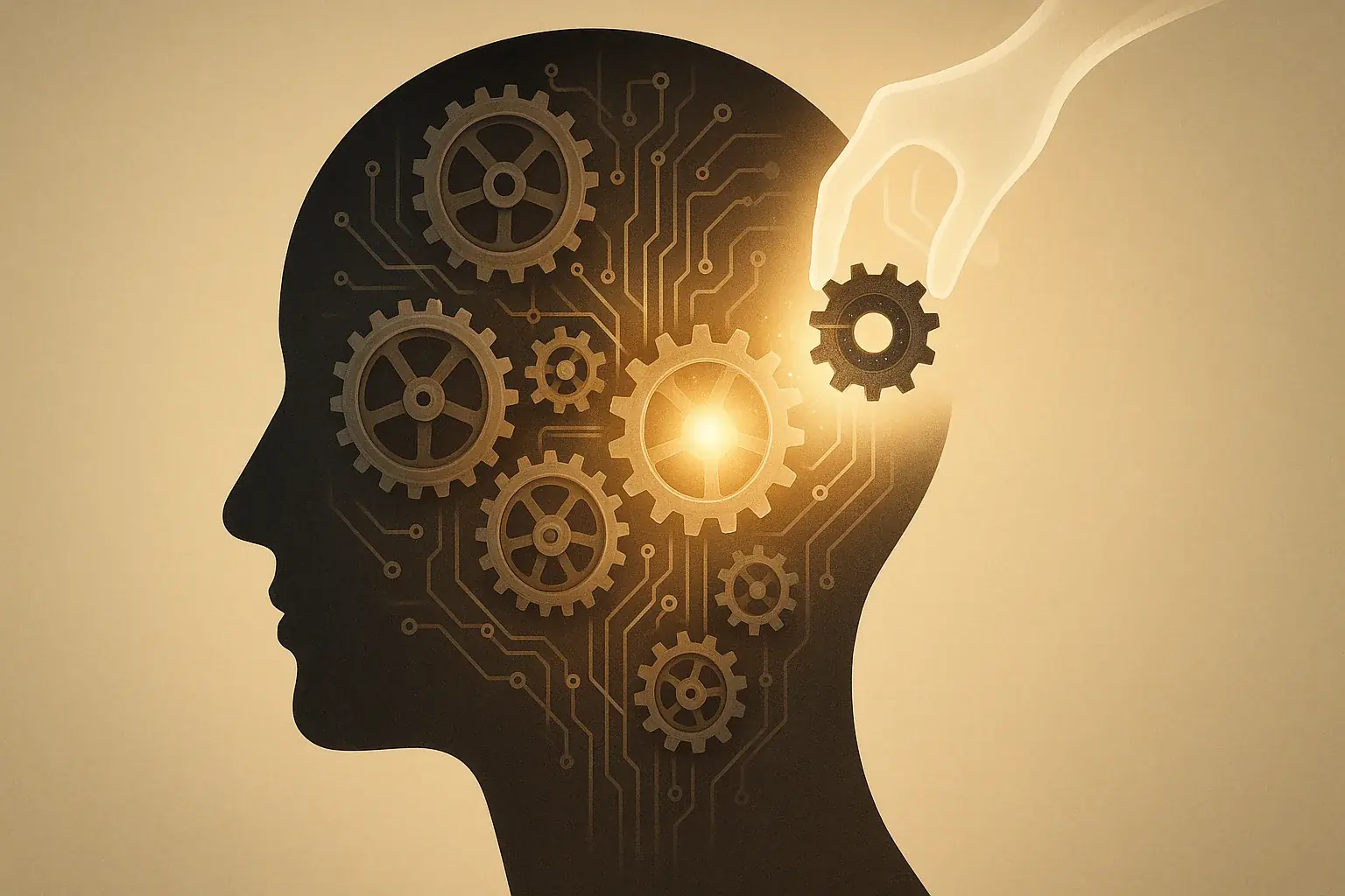 Head silhouette with internal gears & circuits, one gently removed, symbolizing deconstruction for growth & clarity.
