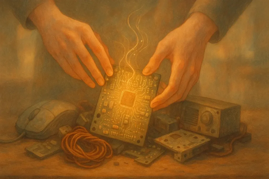 Hand carefully selects a circuit board, softly glowing with potential, from e-waste for art.