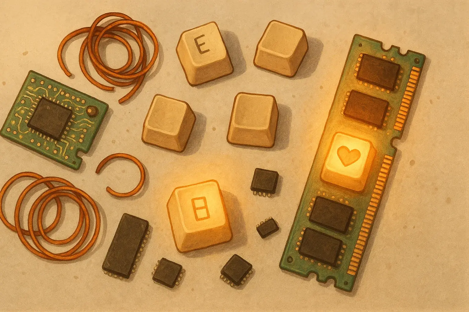Thoughtful, artistic e-waste array: boards, wires, keys, chips. Glowing elements emphasize personal resonance.