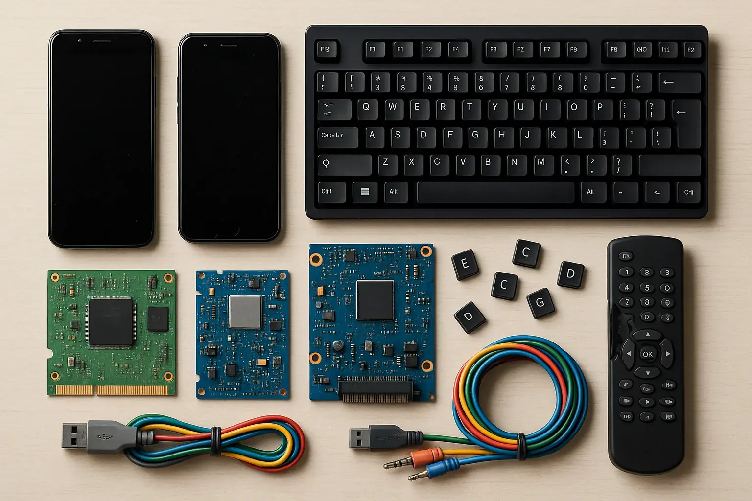 Curated e-waste collection—phones, keyboards, circuits, wires—as ethical art materials.