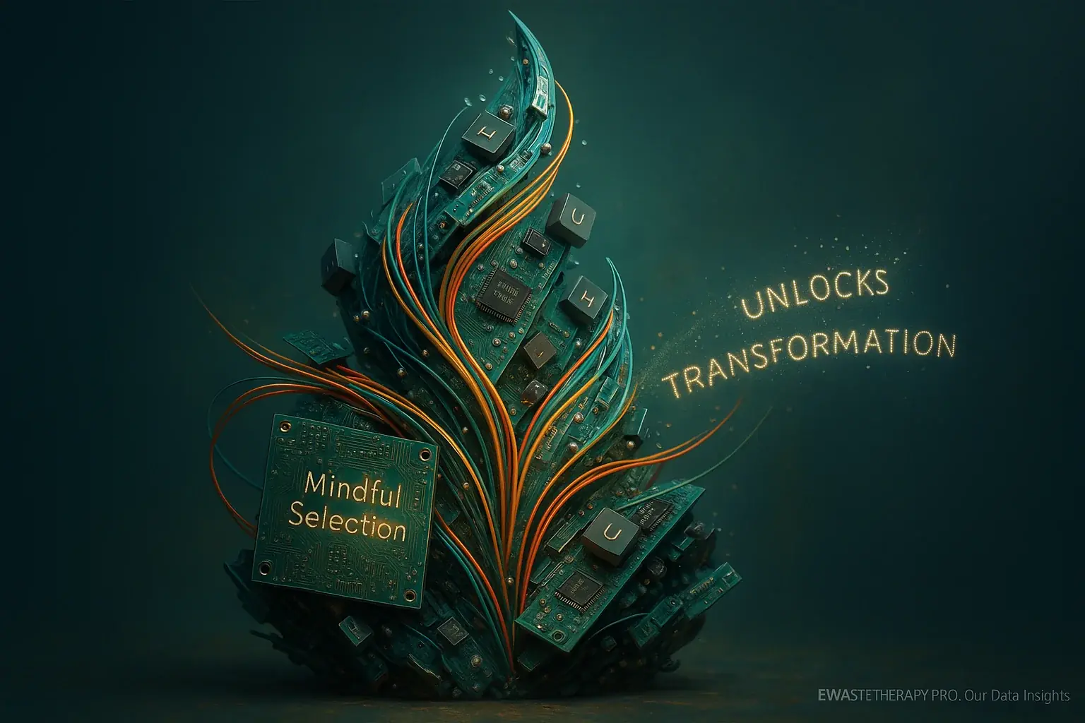 Glowing abstract e-waste art, a hopeful symbol of transformation for your mindful journey.