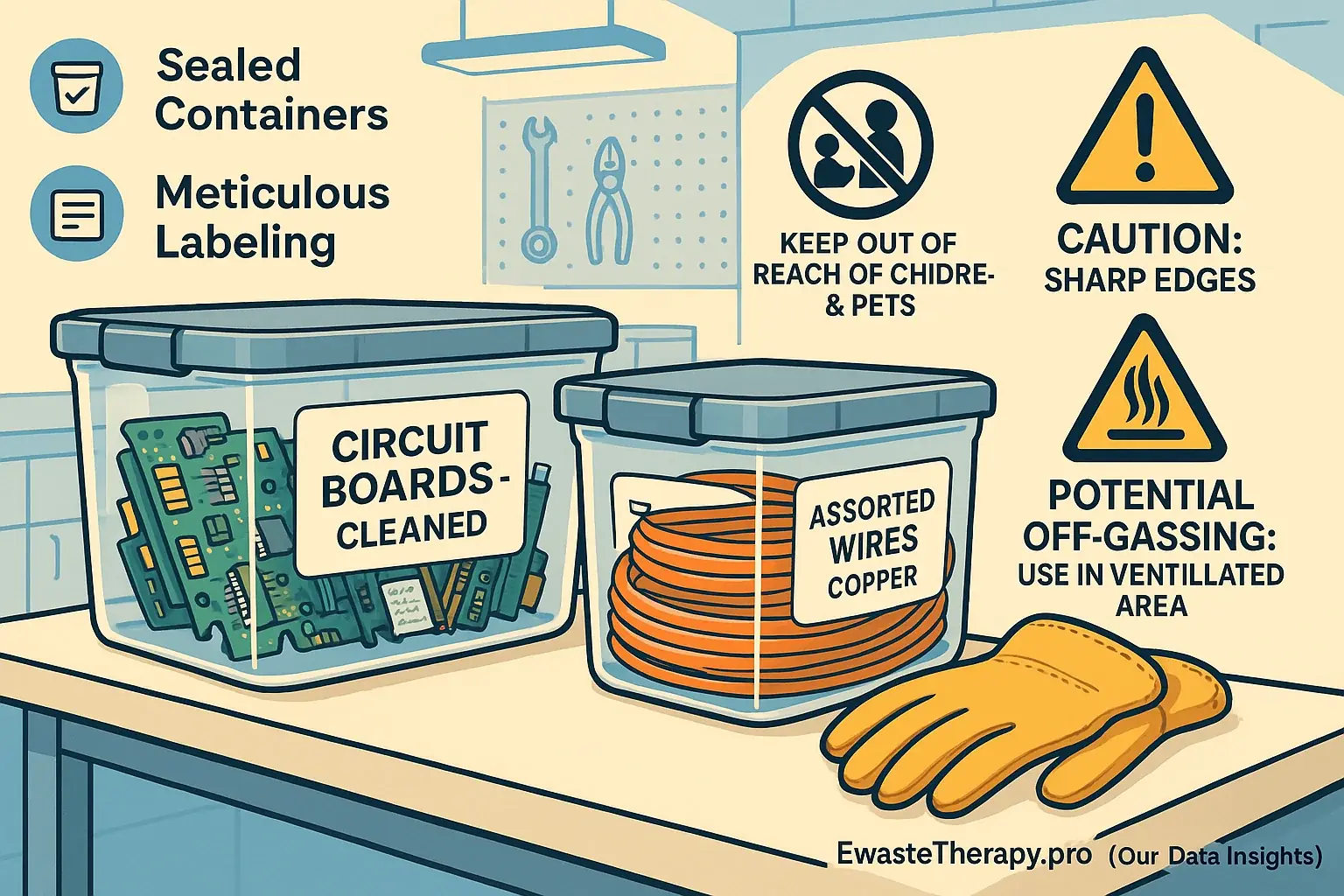 E-waste checklist: Sealed containers, labels, gloves, safety symbols ensure organized, safe component storage.