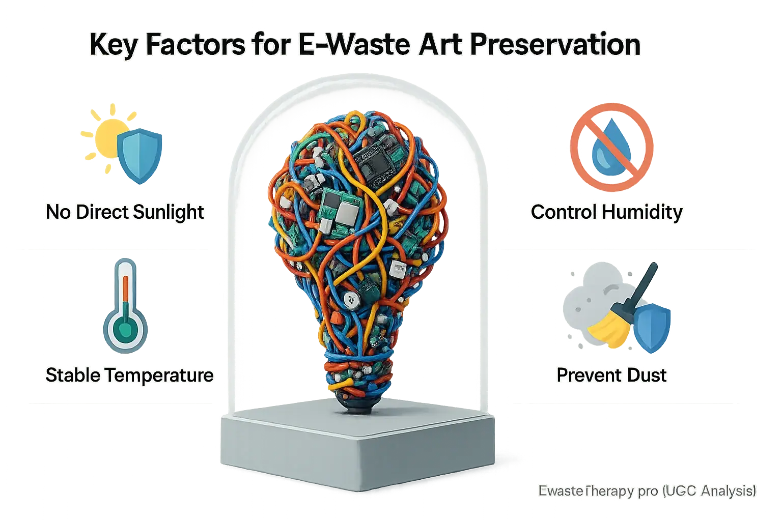 Infographic: Key factors for e-waste art longevity: control light, humidity, temp, dust; apply vital protective coatings.
