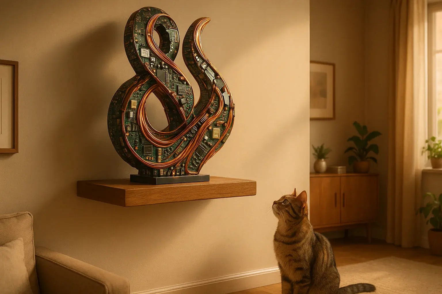 E-waste sculpture securely mounted on shelf, aesthetically displayed, ensuring safety for curious children or pets.