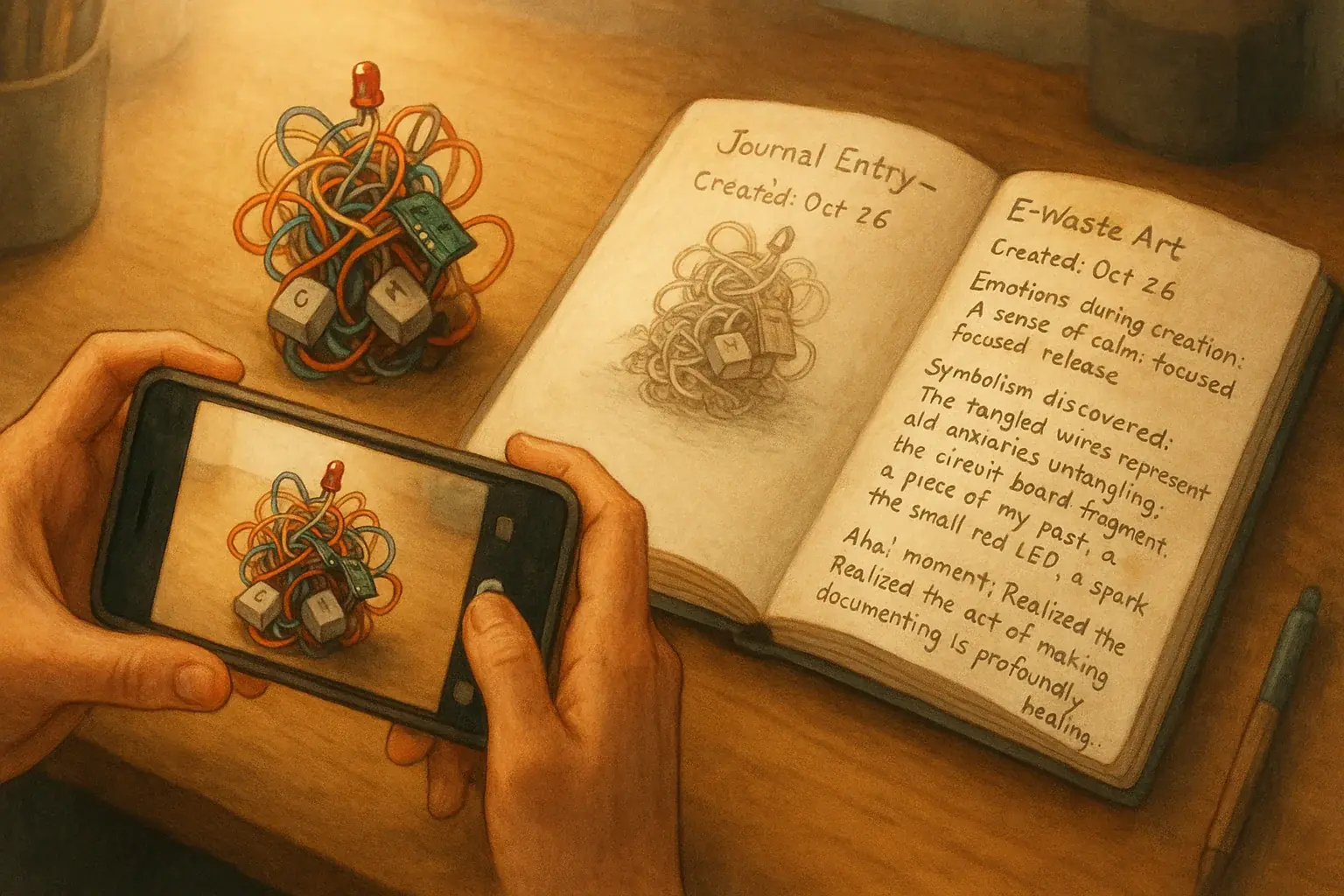 E-waste art documentation: person photographs piece, journal with notes/sketches shows visual &amp; textual blend.