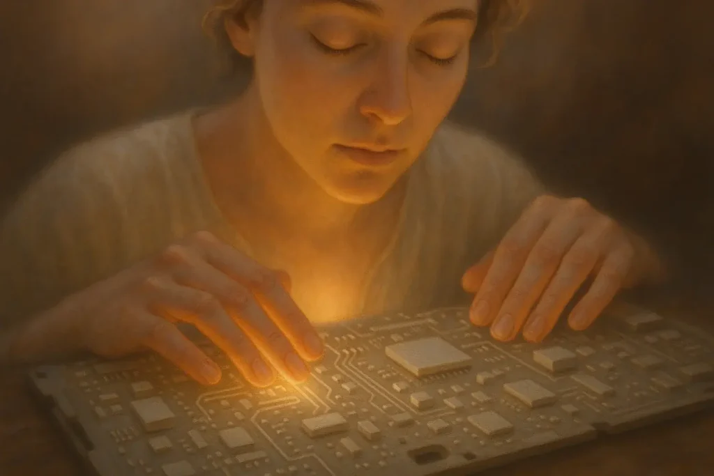 Person breathing calmly creates e-waste art, a soft aura showing peaceful focus from breathwork.