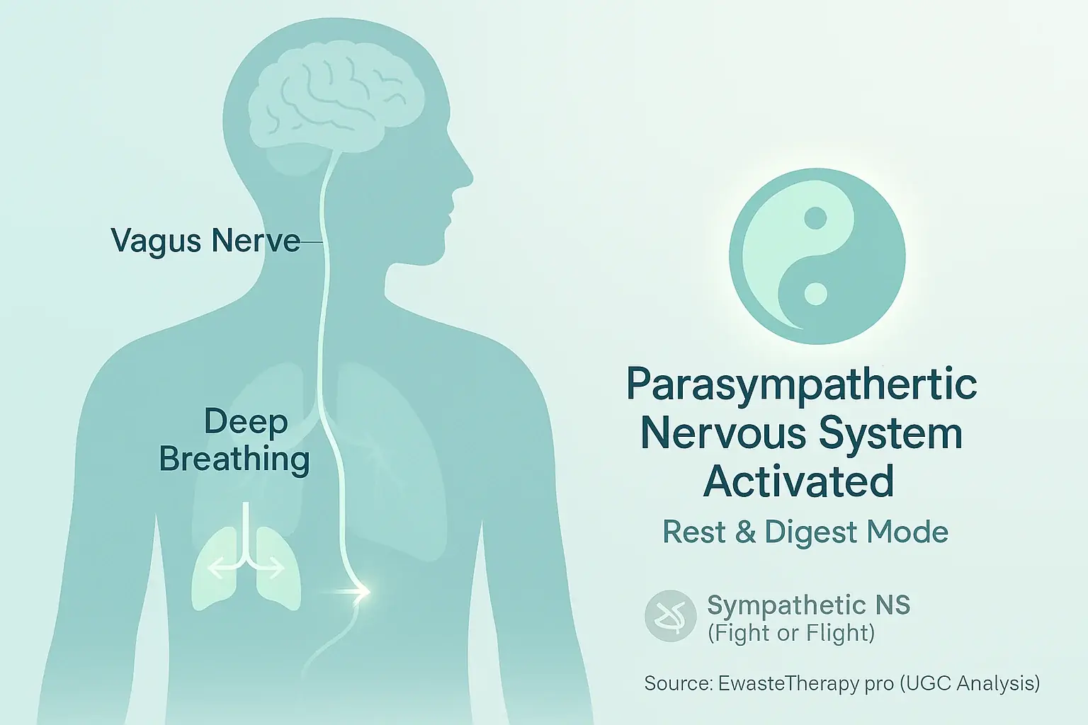 Vagus nerve connection to parasympathetic system, activated by deep breathing for calm.